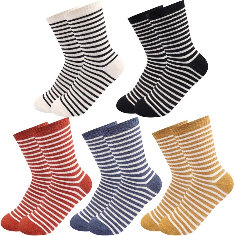 SailingTailor 5 Pairs Retro Striped Crew Socks Cute Casual Quarter Socks for Women Girls - Image 1
